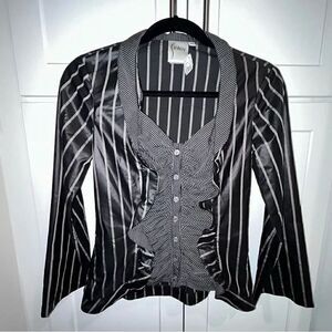 New, Finley Camille Stripe Print Ruched Ruffle Button Front Long Sleeve Top
